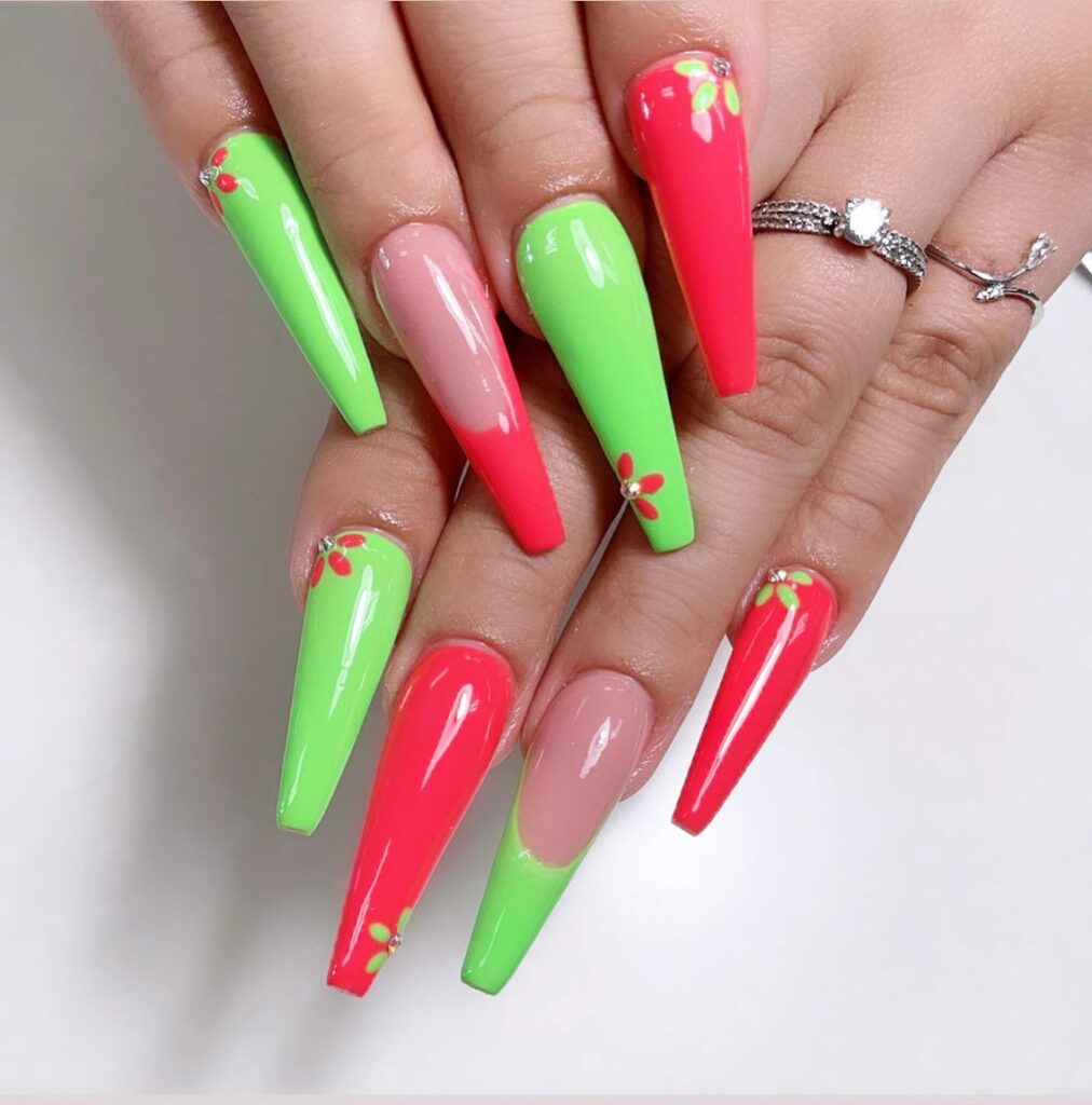 Pink And Green Coffin Nails