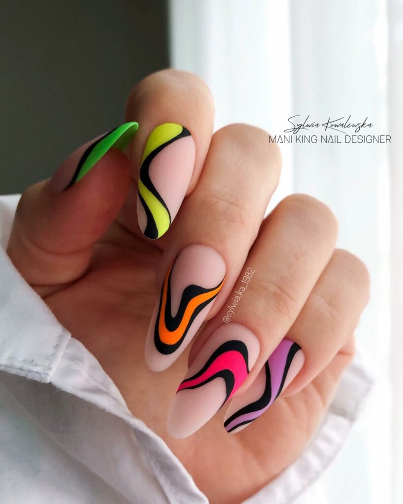 Matte Negative Space Nails With Colorful Design