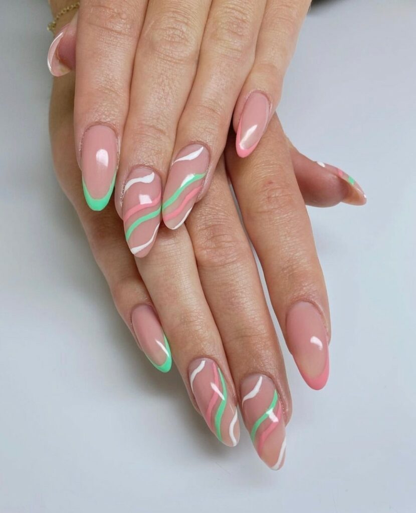 Negative Space Nails With Green And Pink Swirl