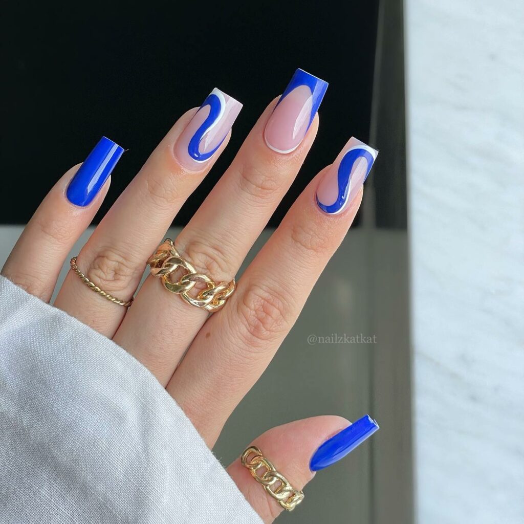 Blue And White Swirl On Square Nails