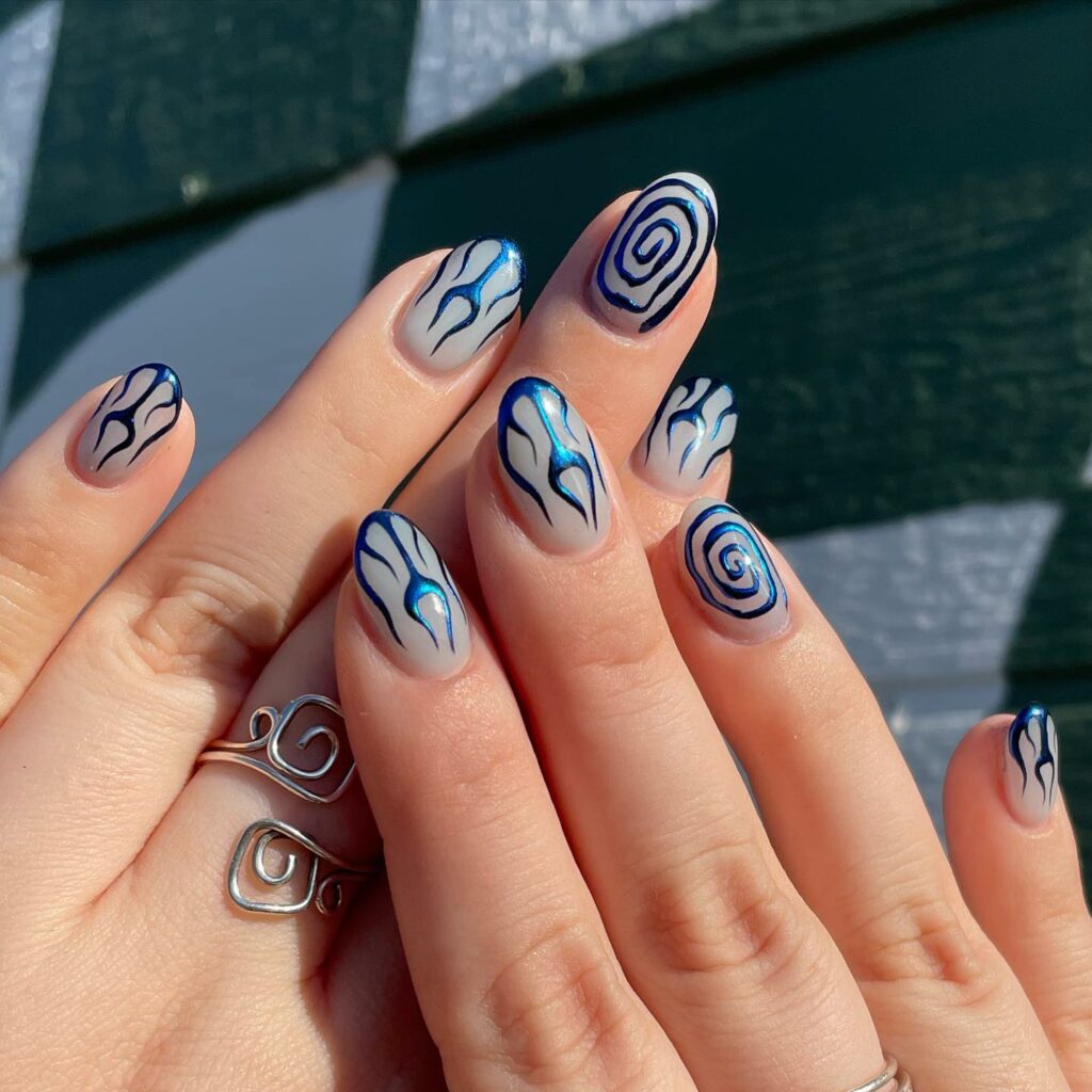 Blue And White Short Nails With Spiral And Flame Design