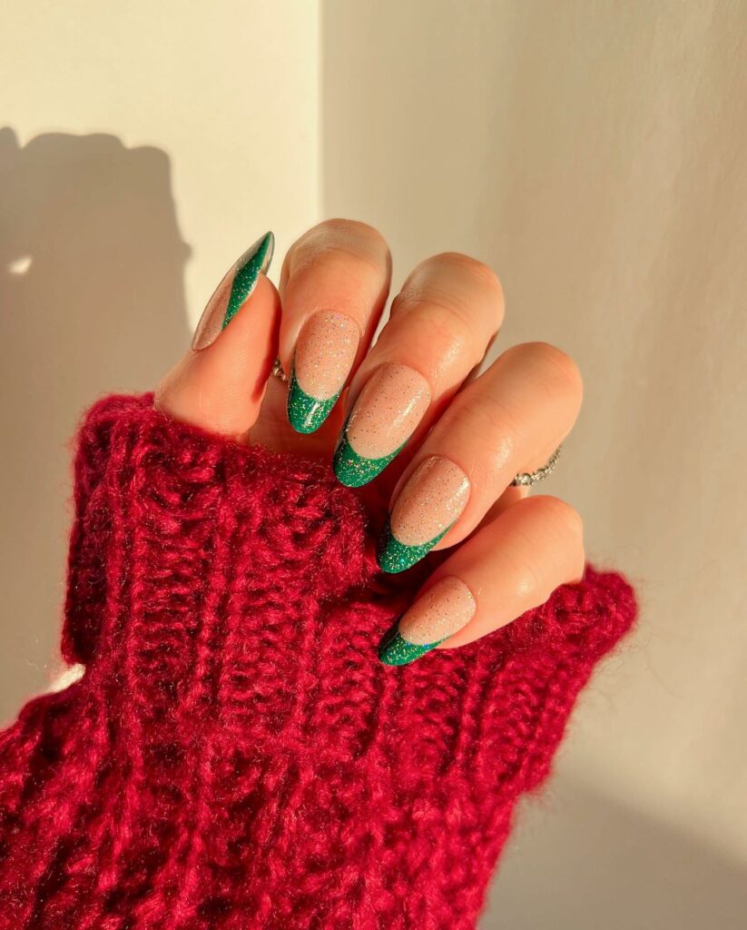 Green French Tips With Gold Glitters Christmas Statement Nails