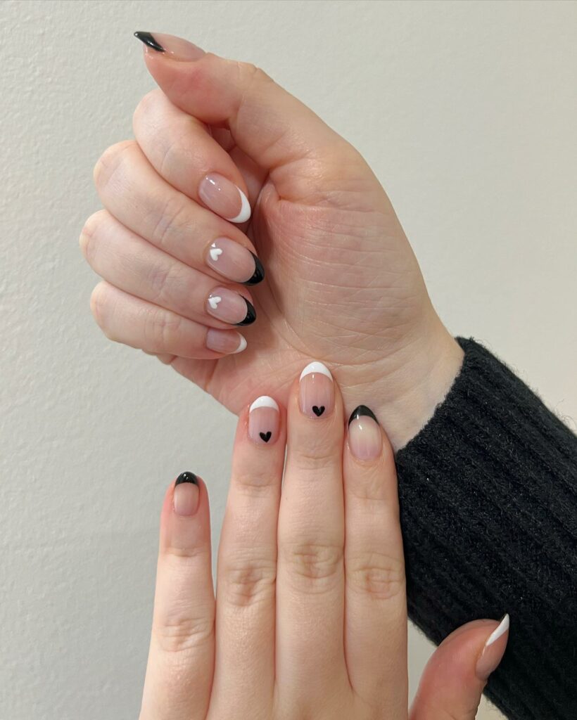 Black And White Short Valentine French Nails With Heart