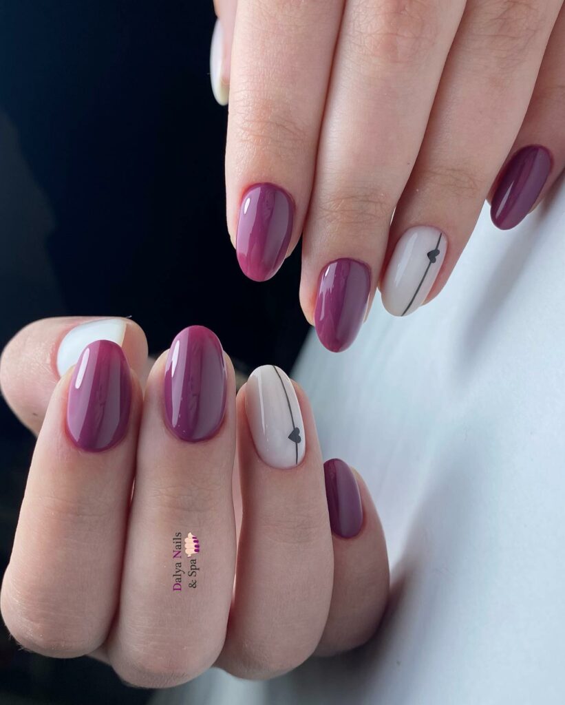 Short Purple Accent Nails With Tiny Heart Design