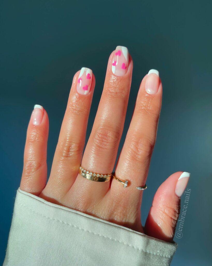 Square Short Valentine Nails With Tiny Pink Heart