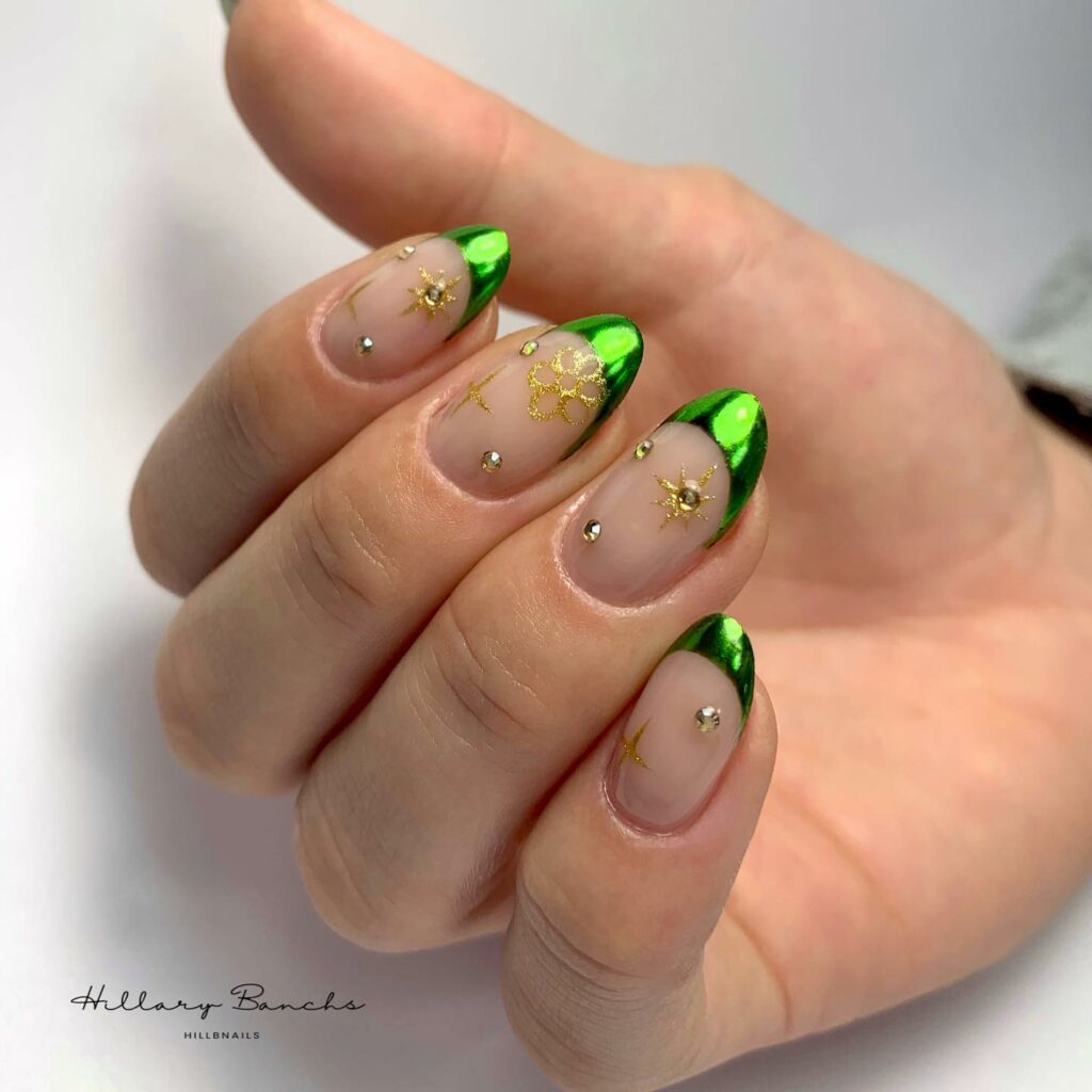 Green Chrome French Nails With Rhinestones
