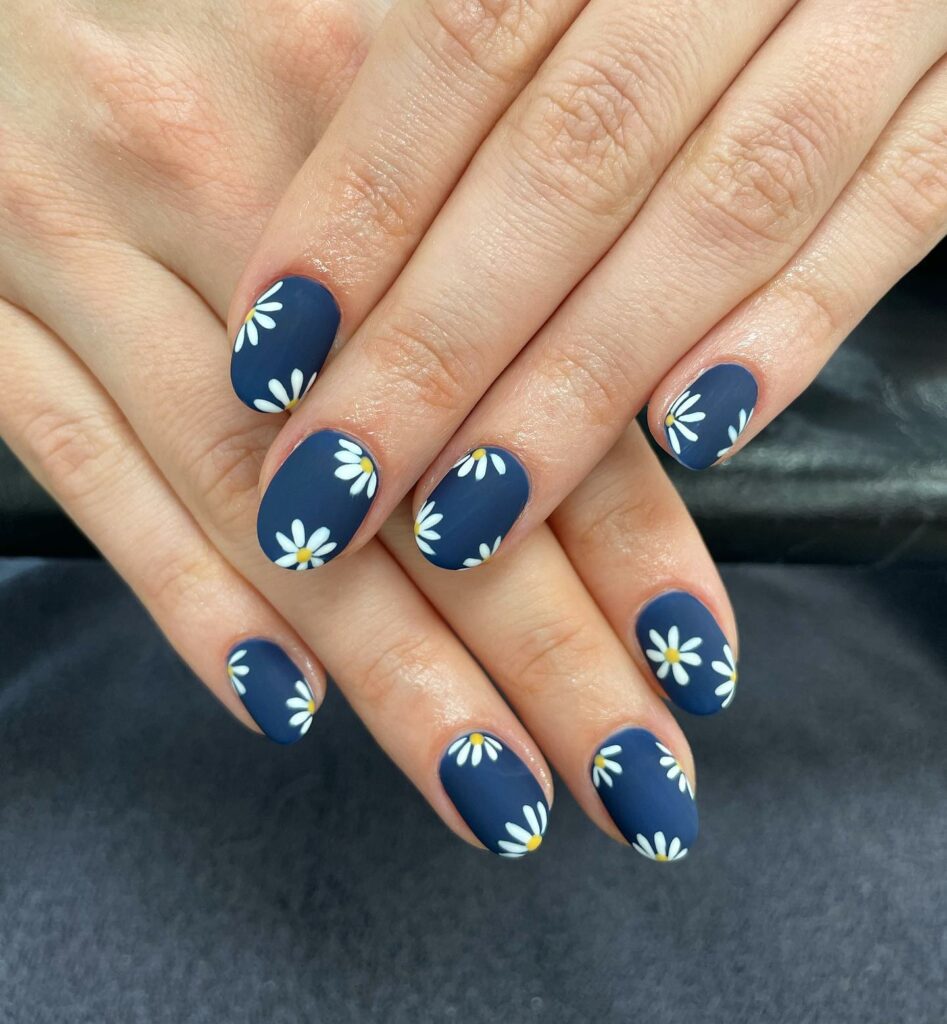 Matte Blue Round Nails With Daisies
