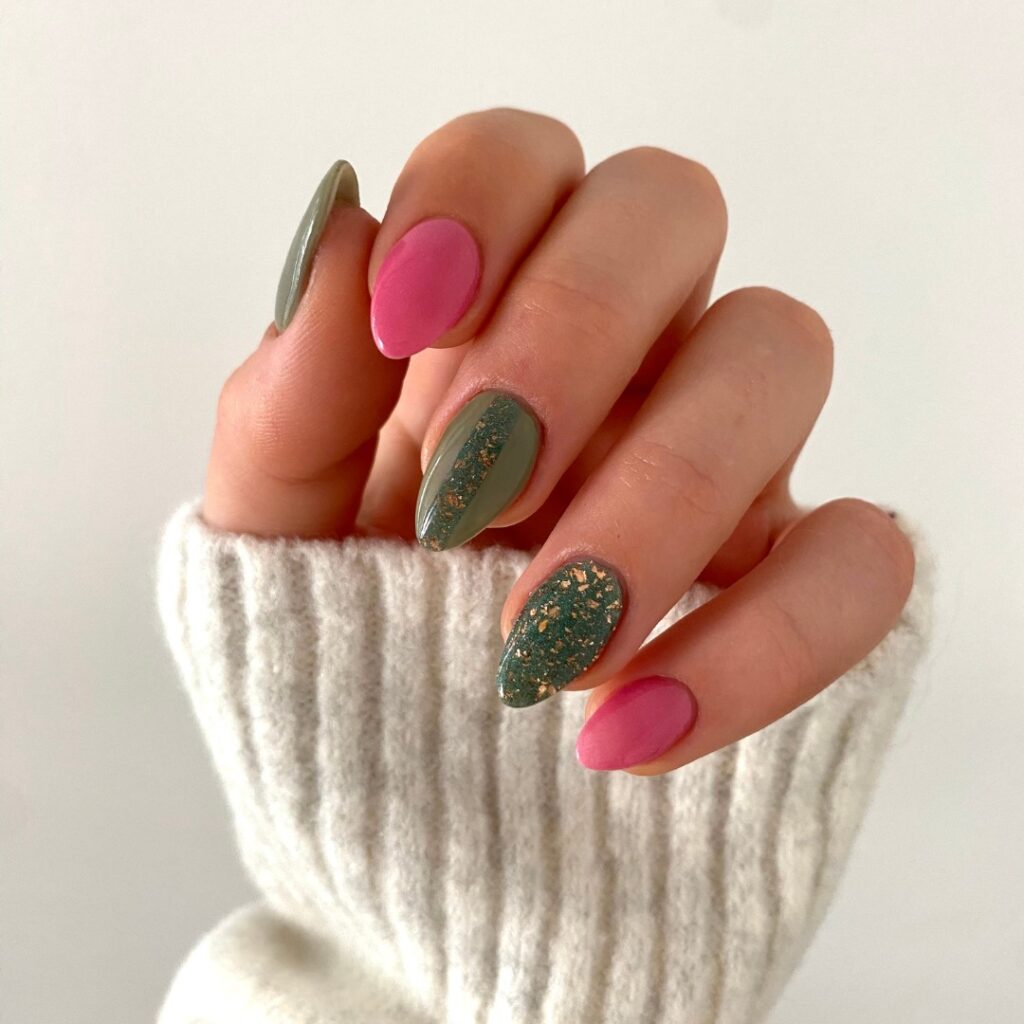 Dark Green And Pink Nails With Gold Flakes