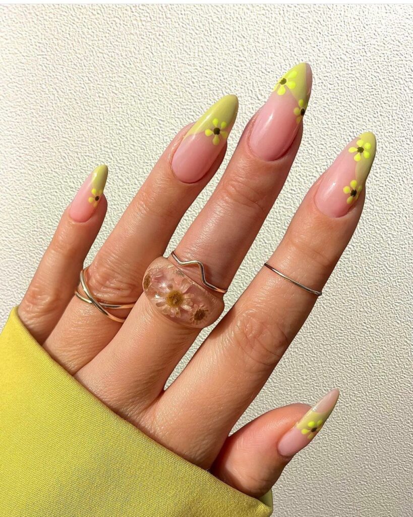 Yellow French Nails With Flower Design