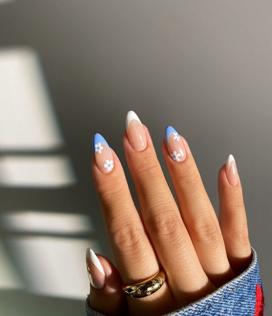 Blue And White French Nails With Daisies Design