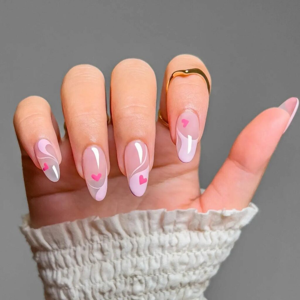 Heart Design On Abstract Almond Nails