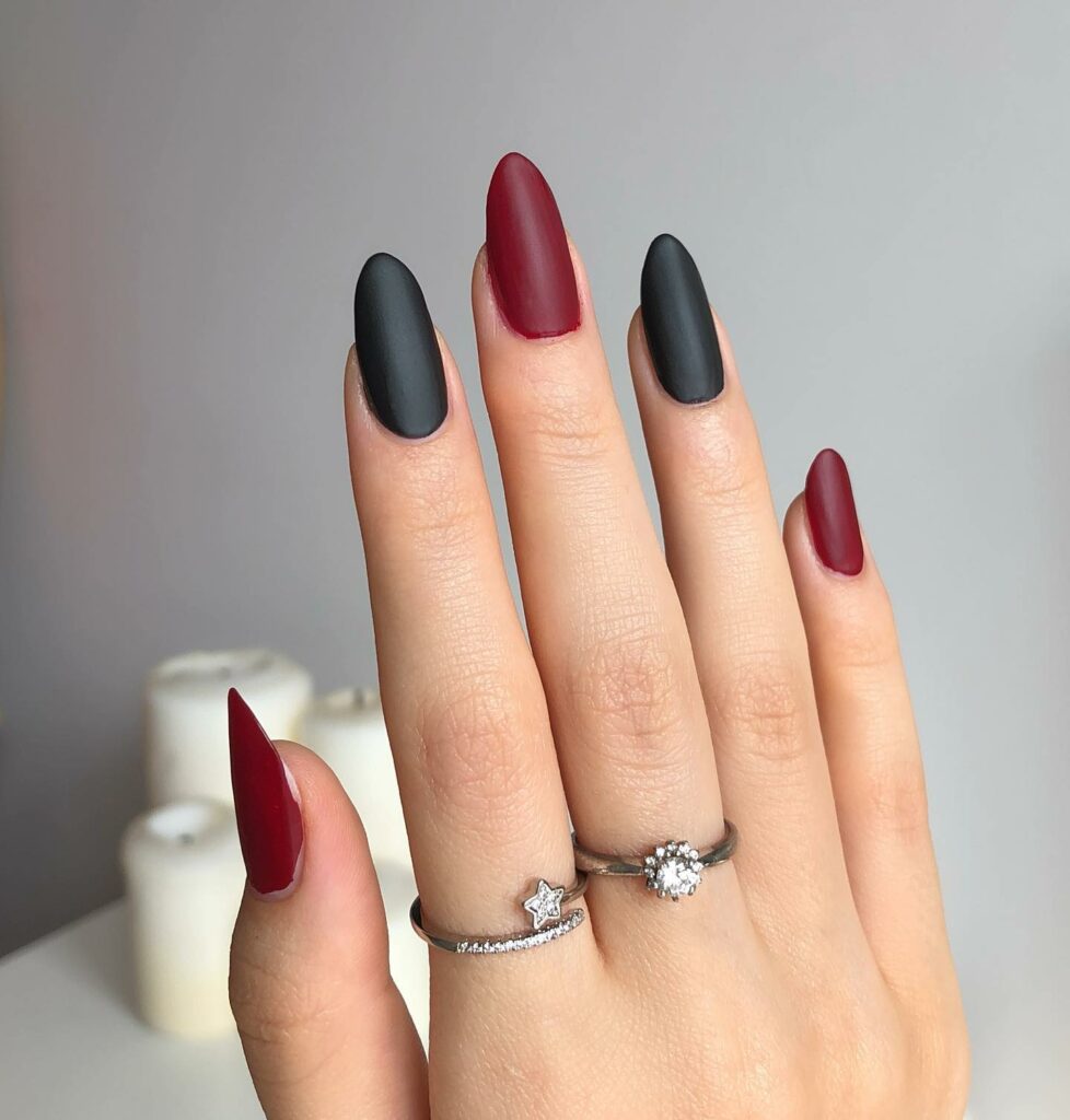 Dark Red And Black Matte Almond Nails
