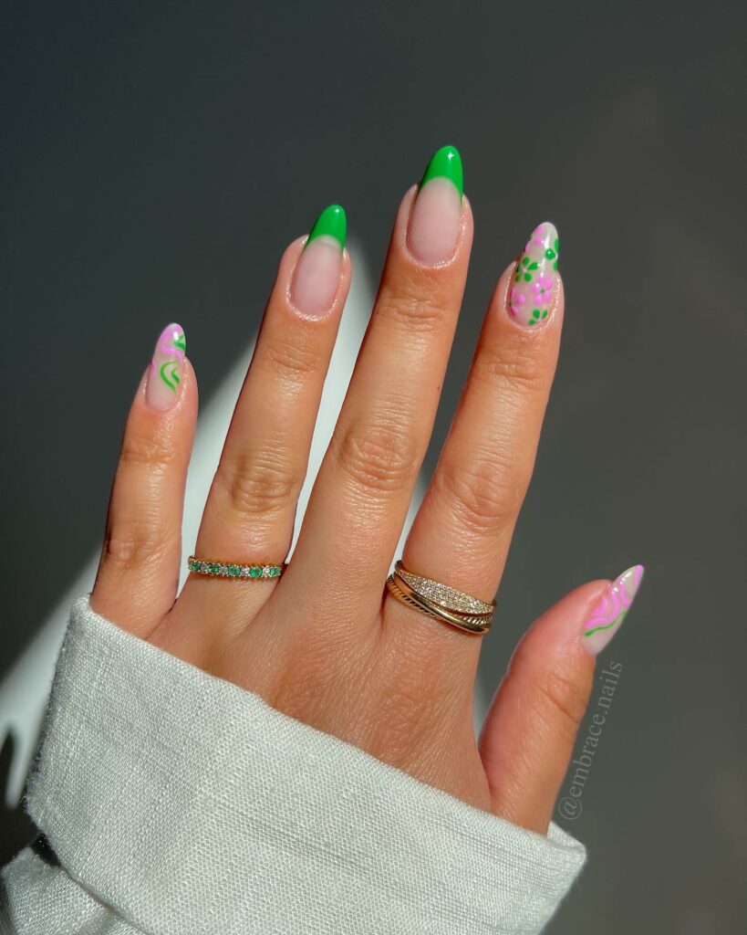 Pink And Green Nails Flower Design