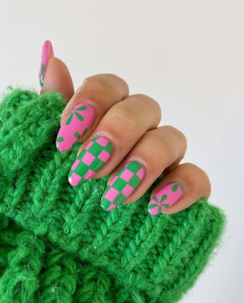 Pink And Green Almond Nails With Checkered And Flower Design