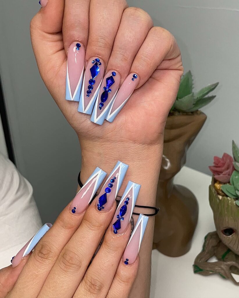 Blue And White V-Tip Nails With Blue Stones