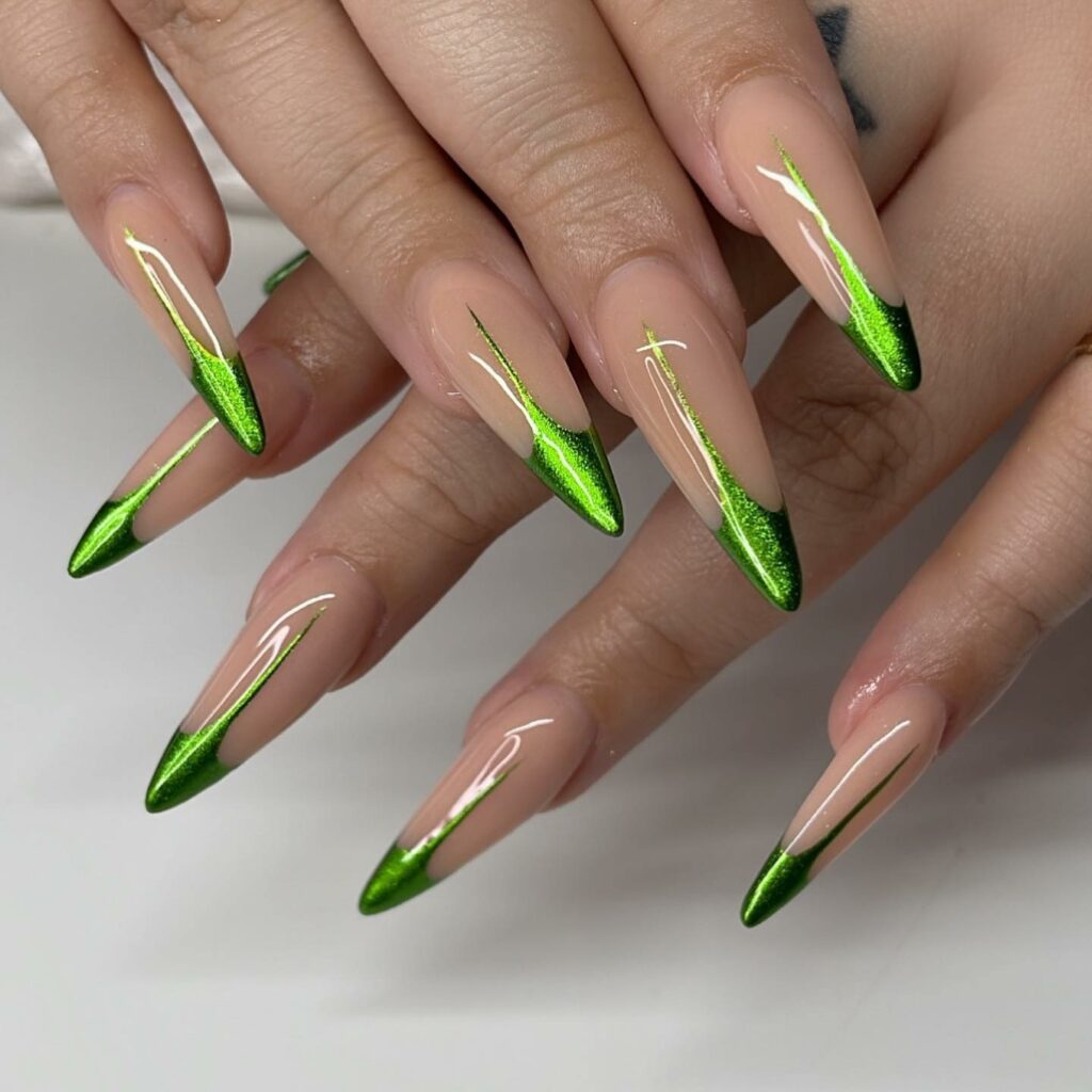 Green Chrome French Stiletto Nails