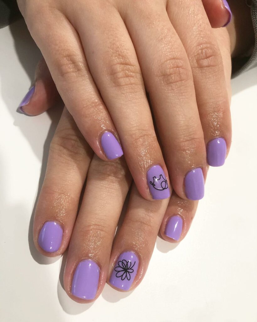 Minimalist Short Purple Nails With Black Flower Design
