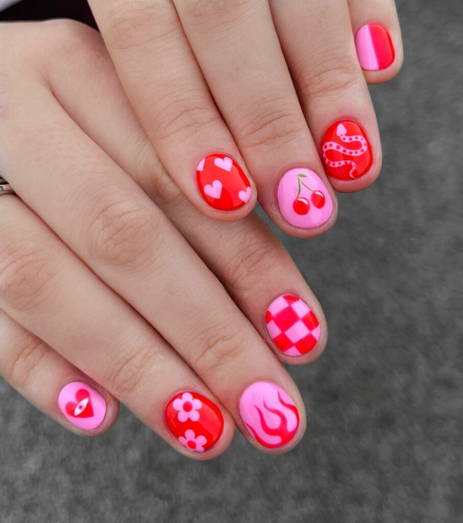 Red And Pink Short Nails With Incredible Design