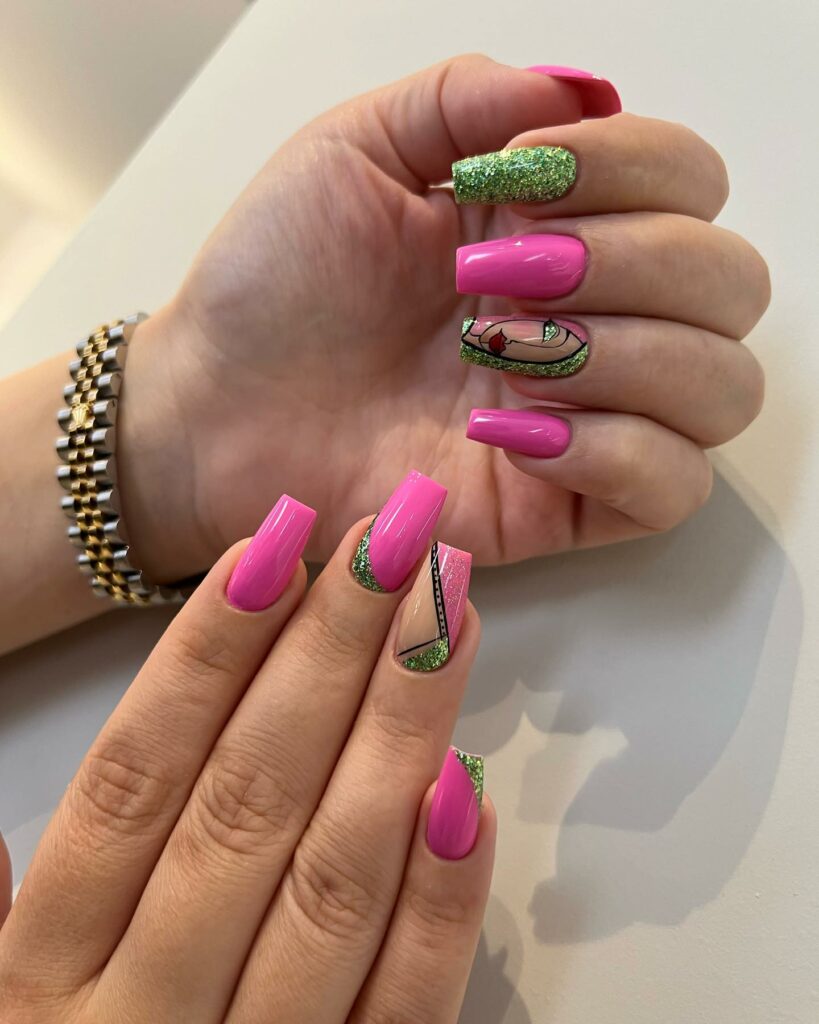 Geometric Pink And Green Nails With Glitter