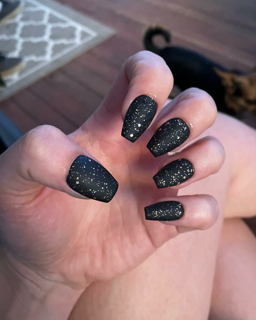 Matte Black Nails With Gold Glitter