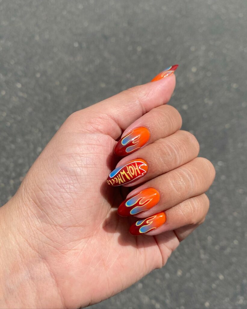 Orange And Blue Ombre Nails With Flame Design