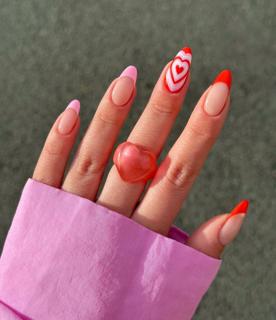 Heart Design On Pink And Red French Nails