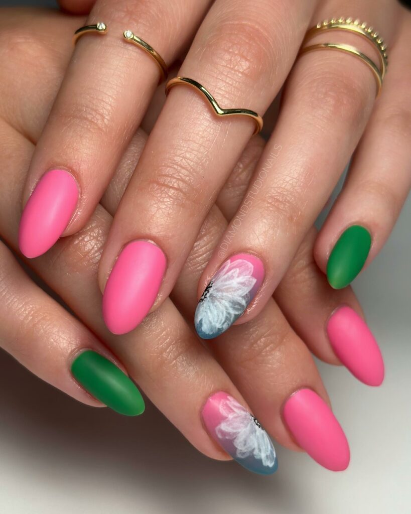 Pink And Green Matte Nails With Flower Design