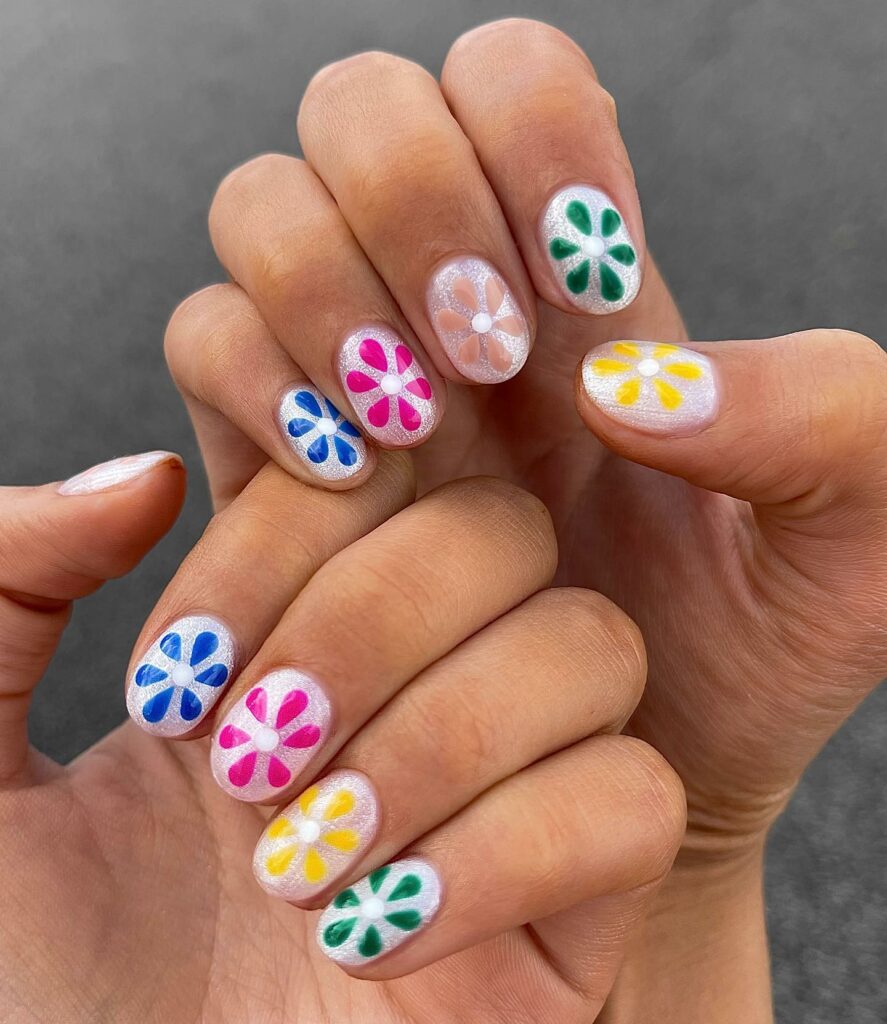 Colorful Flower Short Round Summer Nails