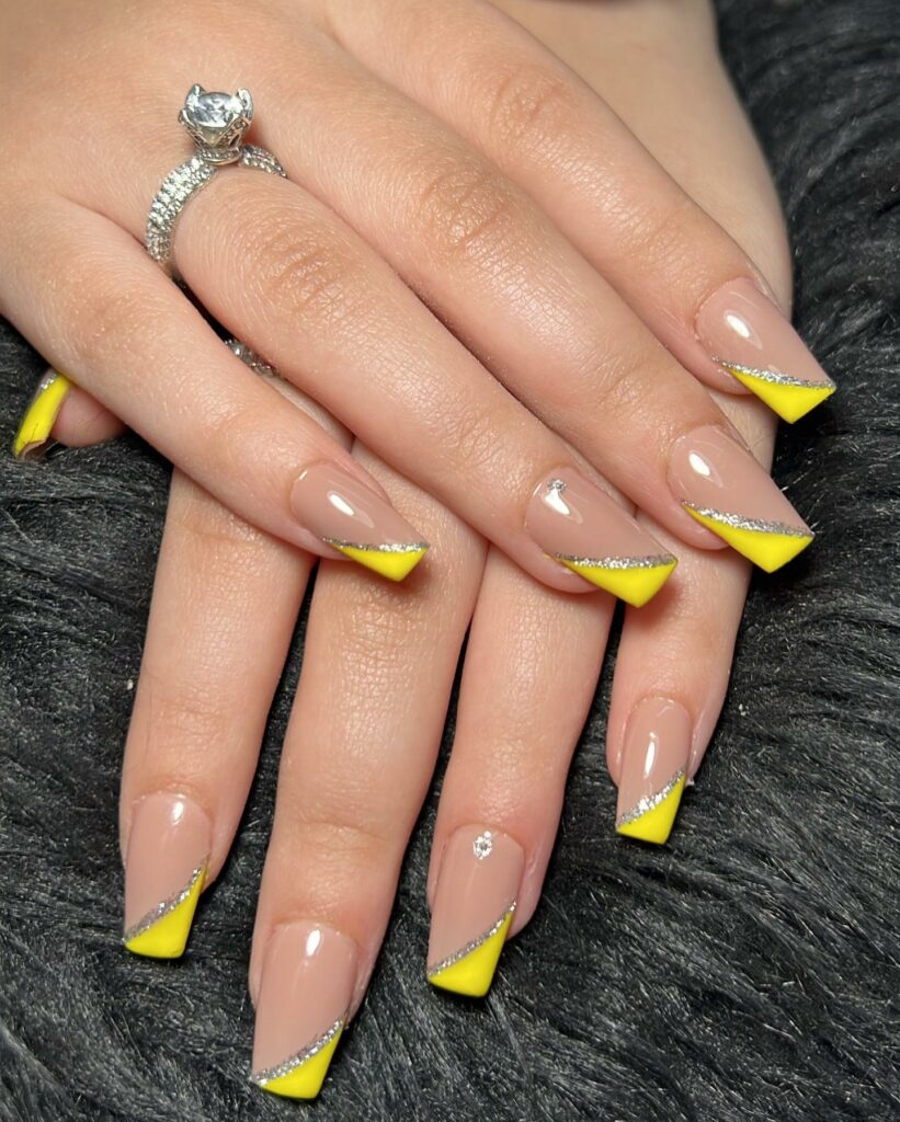 Side French Yellow Nails With Glitter