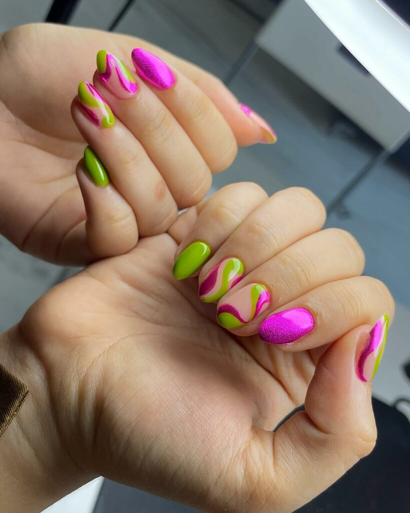 Pink And Green Abstract Short Nails