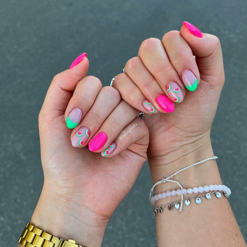 Pink And Green Short Nails With Watermelon Design
