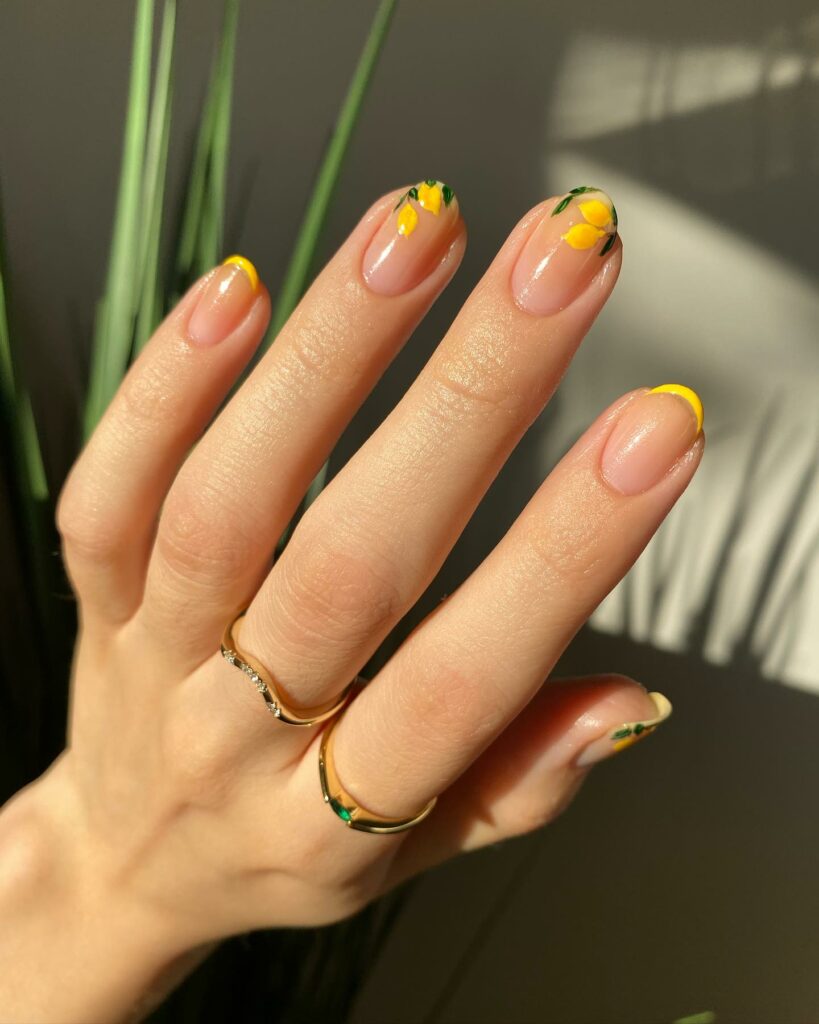 Yellow French Nails With Lemon Design