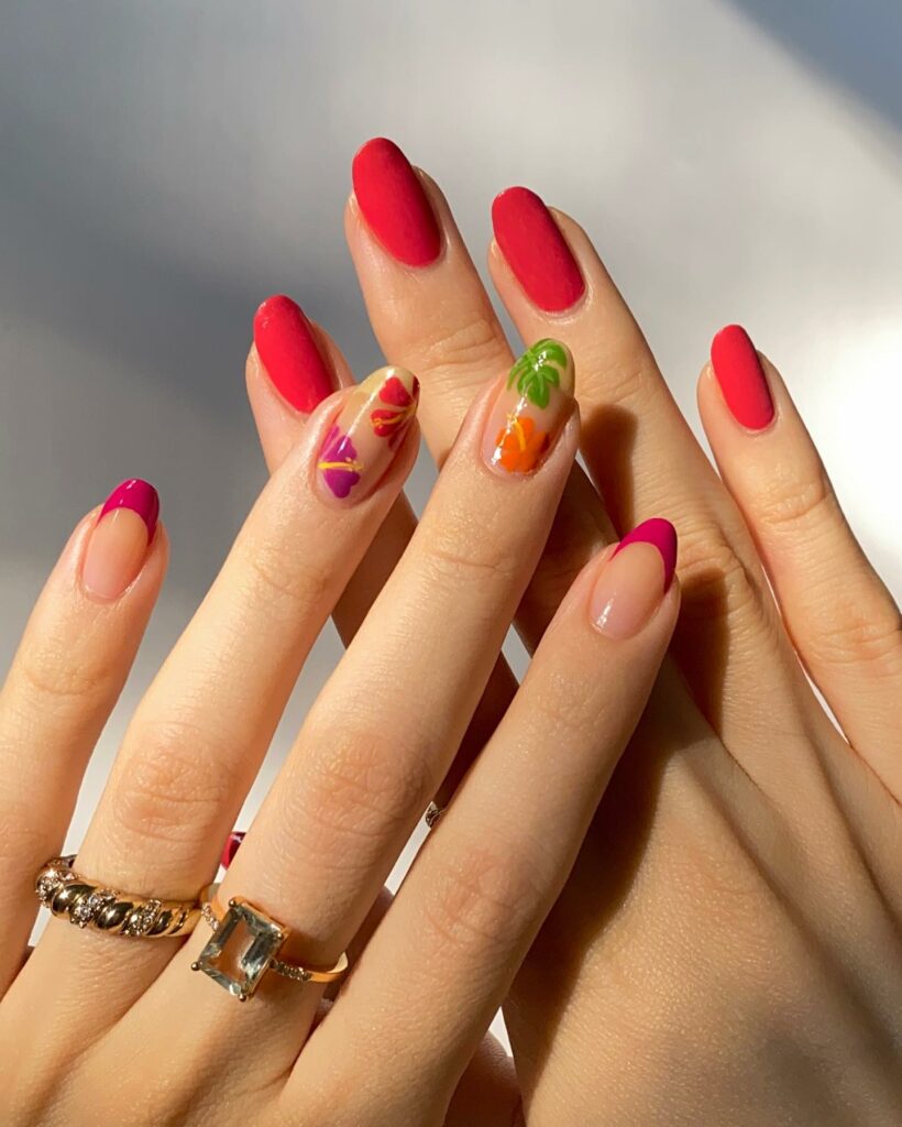 Red Short Nails With Vacay Design