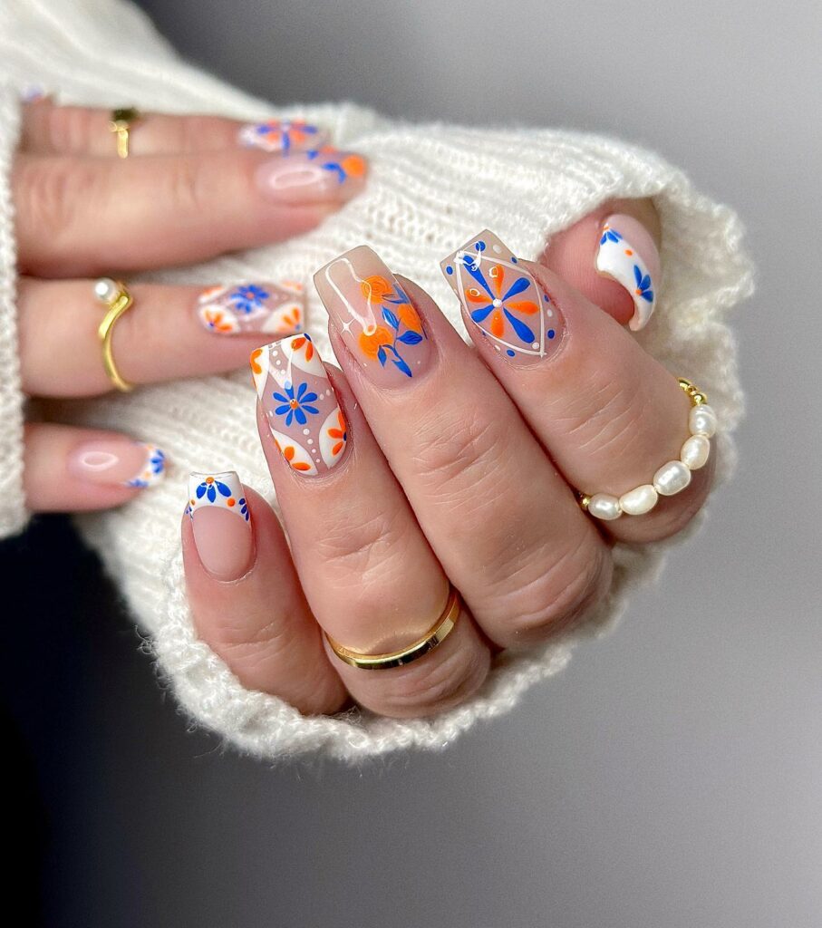 Orange And Blue Nails With Multiple Design