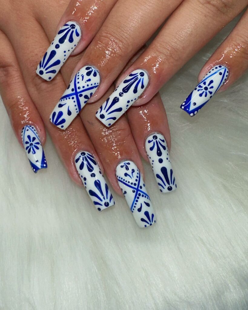 Blue And White Square Nails With Porcelain Design
