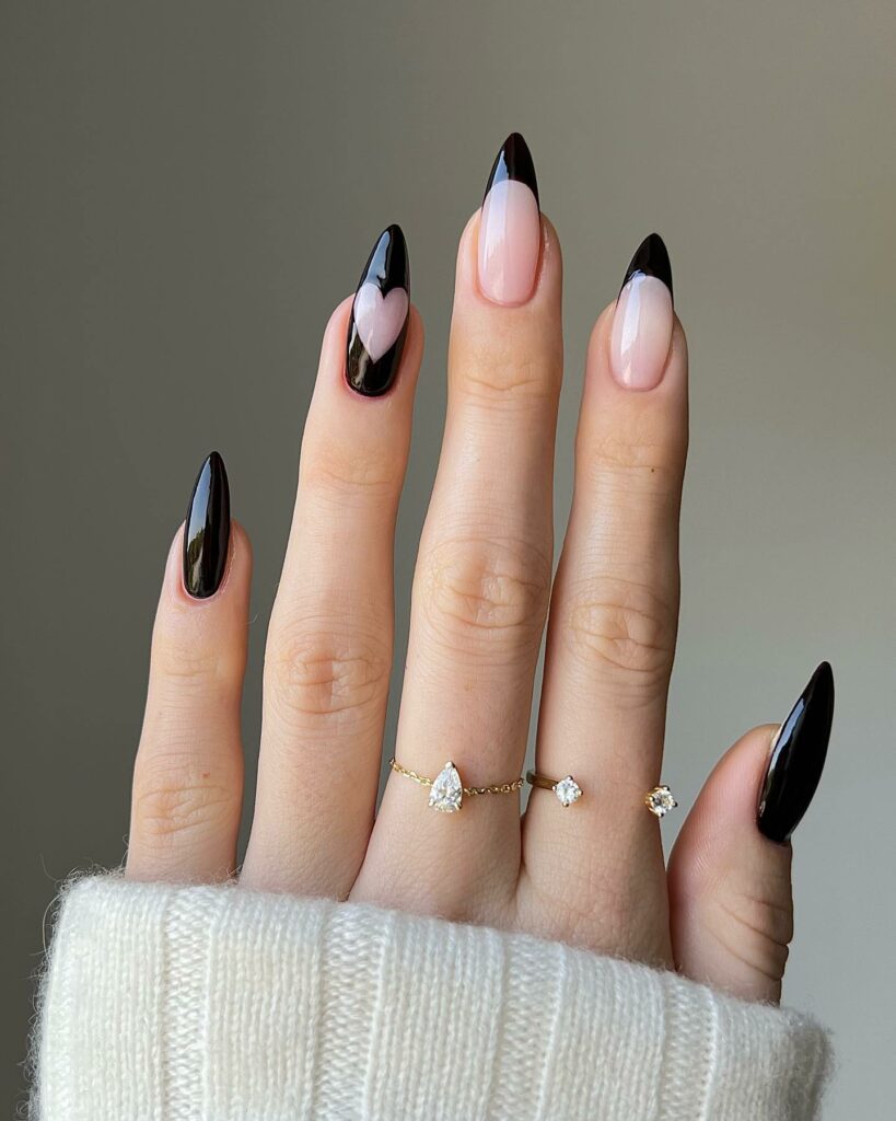 Heart Design On Black French Nails 
