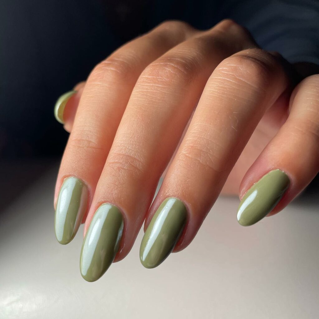 Olive Green Chrome Almond Nails