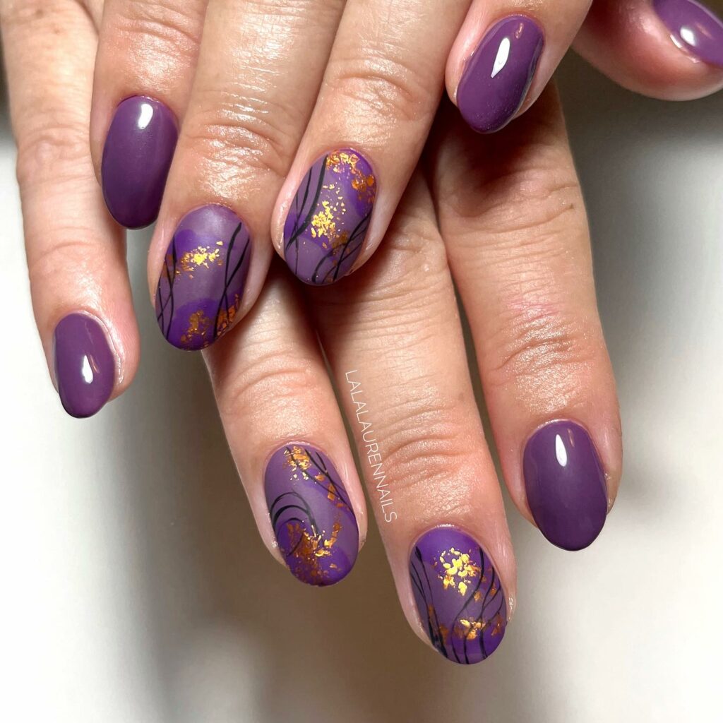 Purple Short Nails With Gold Flakes