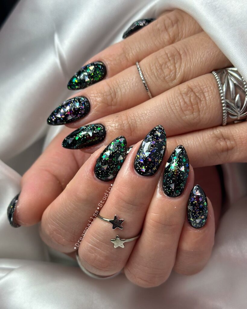 Black Nails With Colorful Glitters