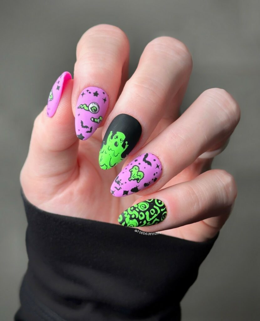 Halloween-Inspired Pink And Green Matte Nails 
