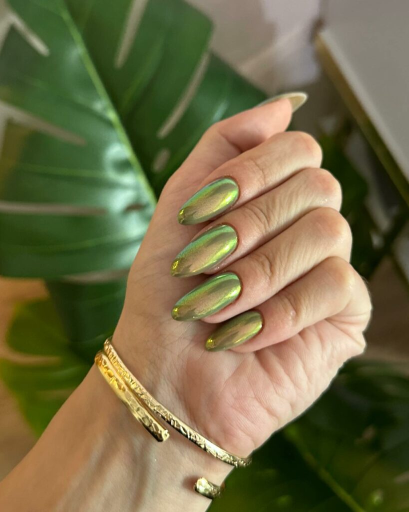 Long Green Chrome Almond Nails