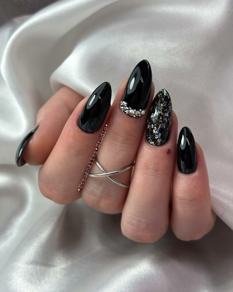 Black Glitter Nails With Rhinestones
