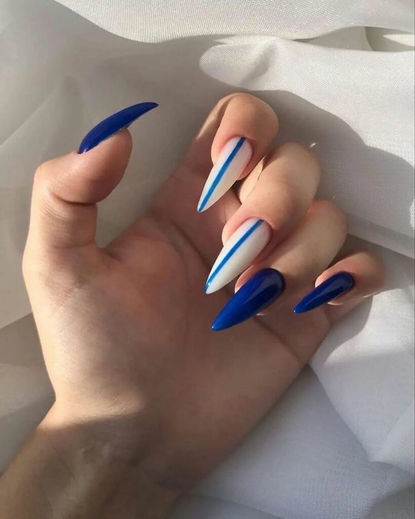 Blue And White Stiletto Nails