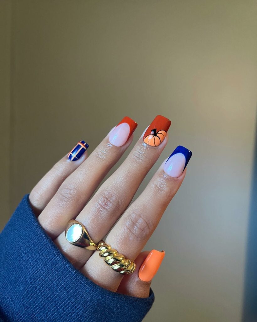 Orange And Blue Short Square Nails With Pumpkin Design