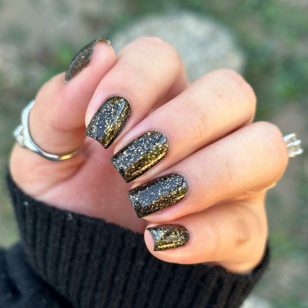 Short Square Black Nails With Gold Glitter