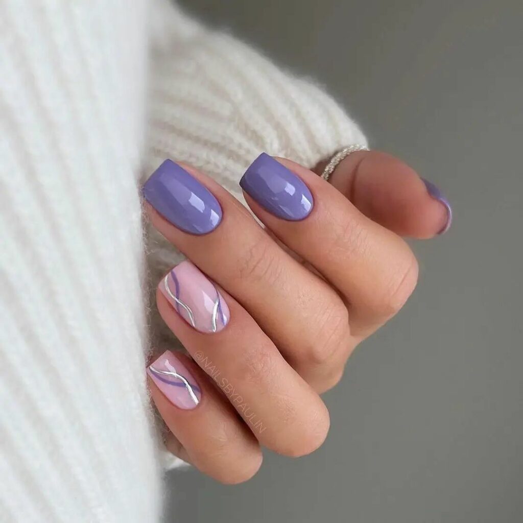 Short Purple Square Nails With Swirls Design