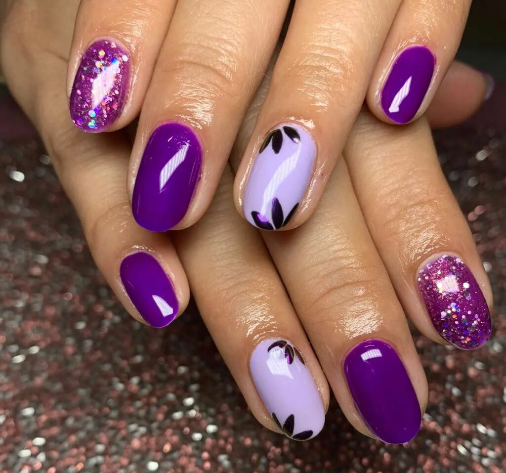 Short Purple Nails With Flowers And Glitter