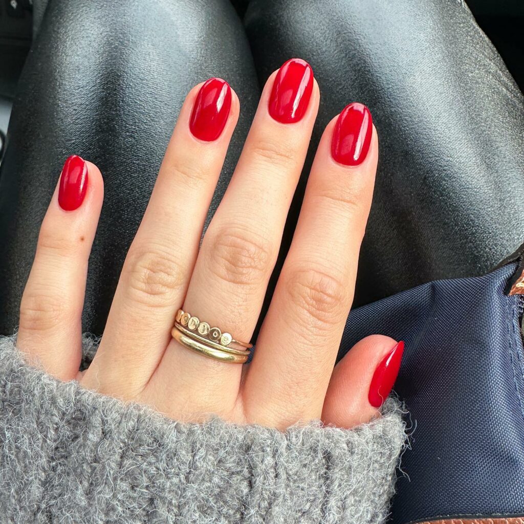 Glossy Red Short Round Nails