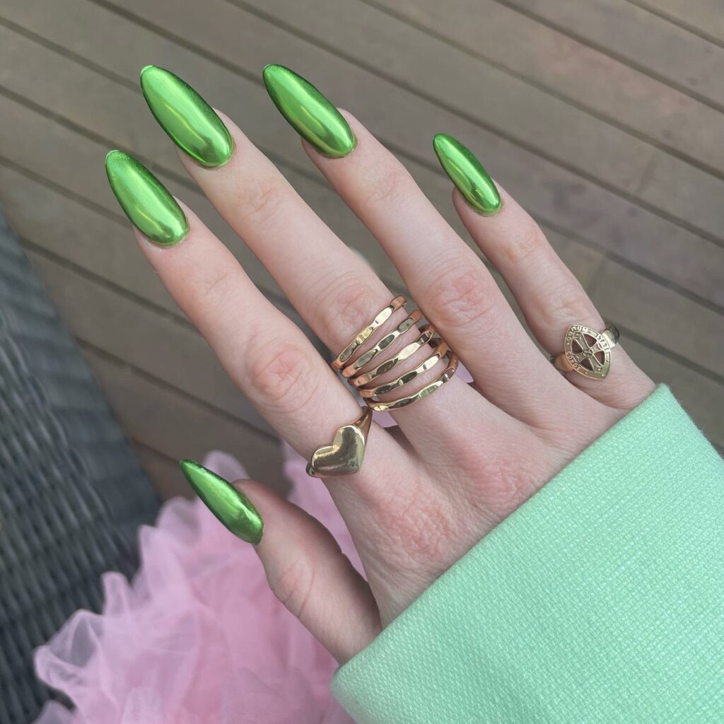 Almond Green Chrome Nails
