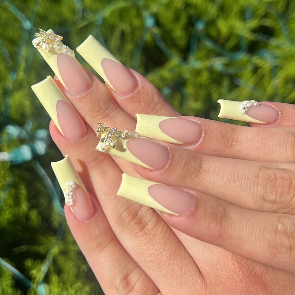 Pastel Yellow French Square Nails With Butterfly And Flower Design